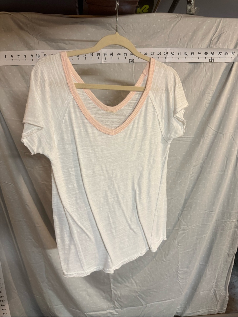 WTF Women's White Tee with Peach-Pink Trim V-Neck